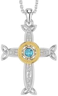 Aquamarine Gold Silver Celtic Cross Necklace