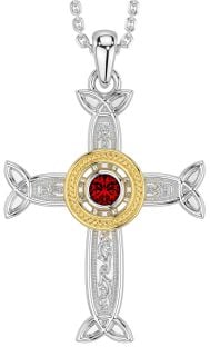 Garnet Gold Silver Celtic Cross Necklace