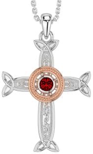 Garnet White Rose Gold Celtic Cross Necklace