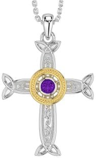 Amethyst White Yellow Gold Celtic Cross Necklace