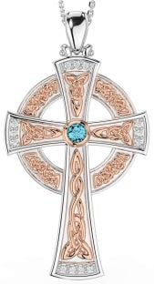 Large Diamond Aquamarine Rose Gold Silver Celtic Cross Necklace