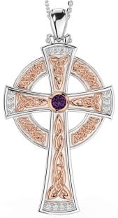 Large Diamond Alexandrite Rose Gold Silver Celtic Cross Necklace