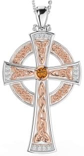 Large Diamond Citrine Rose Gold Silver Celtic Cross Necklace