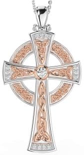 Large Diamond Rose Gold Silver Celtic Cross Necklace