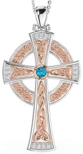 Large Diamond Topaz Rose Gold Silver Celtic Cross Necklace