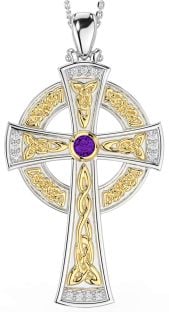 Large Diamond Amethyst Gold Silver Celtic Cross Necklace