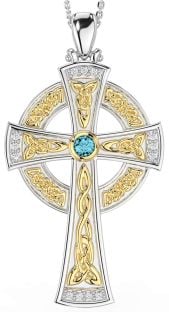 Large Diamond Aquamarine Gold Silver Celtic Cross Necklace