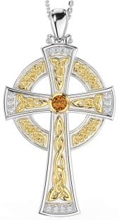 Large Diamond Citrine Gold Silver Celtic Cross Necklace