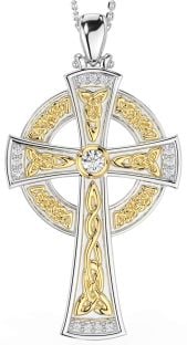 Large Diamond Gold Silver Celtic Cross Necklace