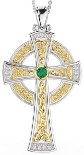 Large Diamond Emerald Gold Silver Celtic Cross Necklace