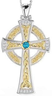 Large Diamond Topaz Gold Silver Celtic Cross Necklace