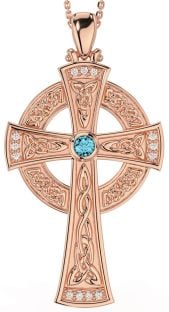 Large Diamond Aquamarine Rose Gold Silver Celtic Cross Necklace