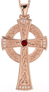 Large Diamond Garnet Rose Gold Silver Celtic Cross Necklace