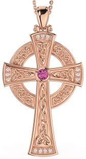 Large Diamond Pink Tourmaline Rose Gold Silver Celtic Cross Necklace