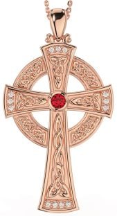 Large Diamond Ruby Rose Gold Silver Celtic Cross Necklace