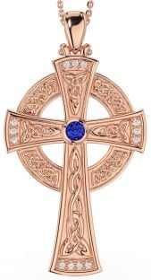 Large Diamond Sapphire Rose Gold Silver Celtic Cross Necklace