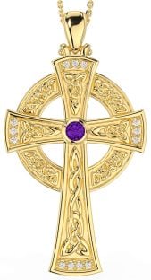 Large Diamond Amethyst Gold Silver Celtic Cross Necklace