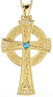 Large Diamond Aquamarine Gold Silver Celtic Cross Necklace