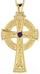 Large Diamond Alexandrite Gold Silver Celtic Cross Necklace