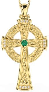 Large Diamond Emerald Gold Silver Celtic Cross Necklace