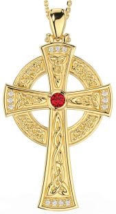 Large Diamond Ruby Gold Silver Celtic Cross Necklace