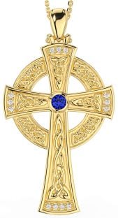 Large Diamond Sapphire Gold Silver Celtic Cross Necklace