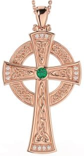 Large Diamond Emerald Rose Gold Celtic Cross Necklace