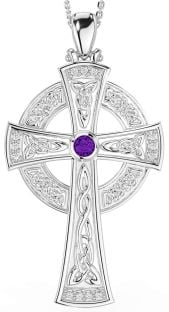 Large Diamond Amethyst Silver Celtic Cross Necklace