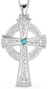 Large Diamond Aquamarine Silver Celtic Cross Necklace