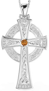 Large Diamond Citrine Silver Celtic Cross Necklace