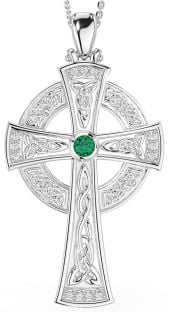 Large Diamond Emerald Silver Celtic Cross Necklace