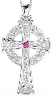 Large Diamond Pink Tourmaline Silver Celtic Cross Necklace