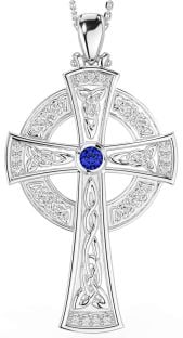 Large Diamond Sapphire Silver Celtic Cross Necklace