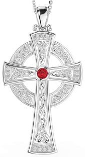 Large Diamond Ruby White Gold Celtic Cross Necklace