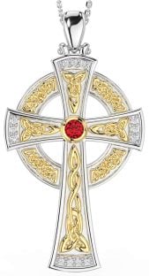 Large Diamond Ruby White Yellow Gold Celtic Cross Necklace