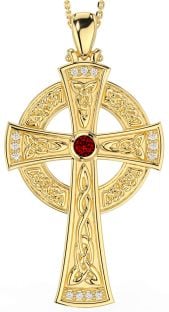 Large Diamond Garnet Gold Celtic Cross Necklace