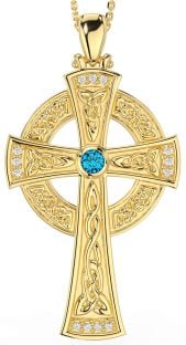 Large Diamond Topaz Gold Celtic Cross Necklace