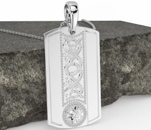 Men's White Gold Dog Tag Celtic Warrior Necklace