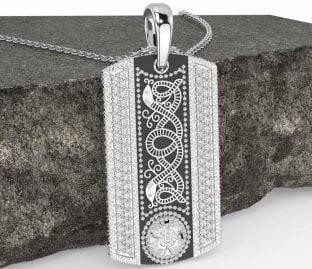Men's Diamond White Gold Black Rhodium Dog Tag Celtic Warrior Necklace