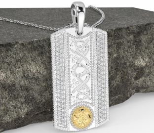 Men's Diamond White Yellow Gold Dog Tag Celtic Warrior Necklace