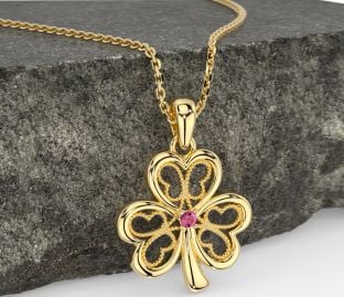 Pink Tourmaline Gold Silver Shamrock Necklace