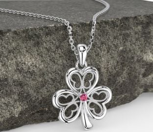 Pink Tourmaline White Gold Shamrock Necklace