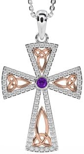 Diamond Amethyst Rose Gold Silver Celtic Cross Trinity Knot Necklace