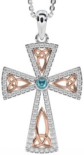 Diamond Aquamarine Rose Gold Silver Celtic Cross Trinity Knot Necklace