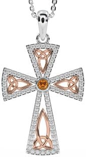 Diamond Citrine Rose Gold Silver Celtic Cross Trinity Knot Necklace