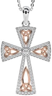 Diamond Rose Gold Silver Celtic Cross Trinity Knot Necklace