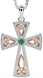 Diamond Emerald Rose Gold Silver Celtic Cross Trinity Knot Necklace