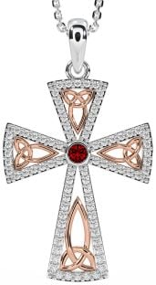 Diamond Garnet Rose Gold Silver Celtic Cross Trinity Knot Necklace