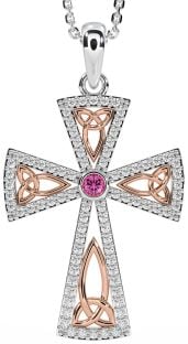 Diamond Pink Tourmaline Rose Gold Silver Celtic Cross Trinity Knot Necklace