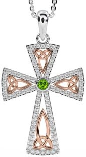 Diamond Peridot Rose Gold Silver Celtic Cross Trinity Knot Necklace